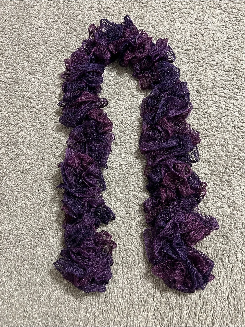 Handmade Hand Knitted Ruffled Amethyst Purple Mesh Sashay Yarn Scarf